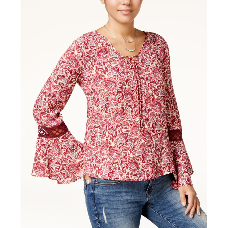 Hippie Rose Juniors Printed Crochet Bell Sleeve Top